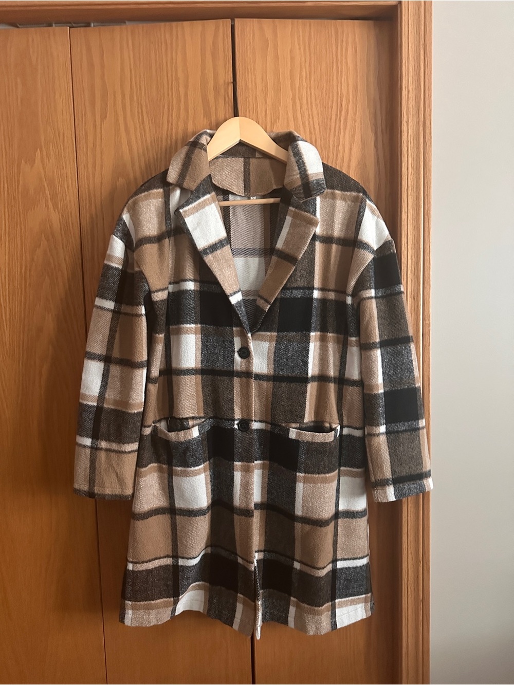 Plaid Pea Coat in Brown, Black & Cream - Classic Notch Collar